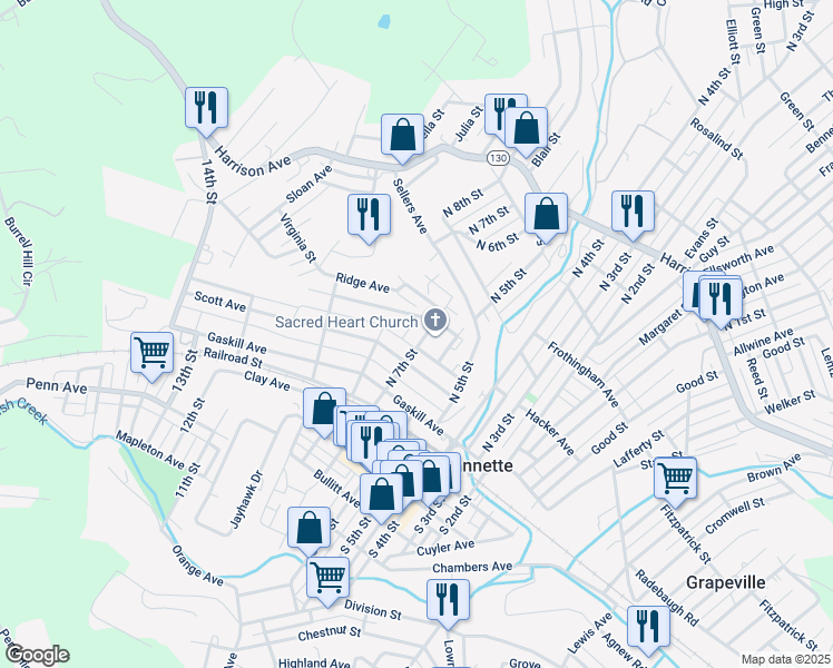 map of restaurants, bars, coffee shops, grocery stores, and more near 504 Cowan Avenue in Jeannette