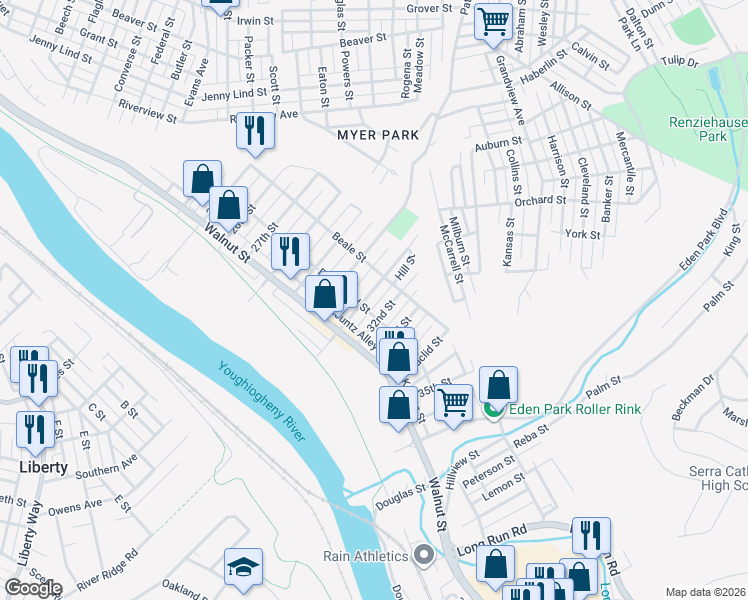 map of restaurants, bars, coffee shops, grocery stores, and more near 414 31st Street in McKeesport