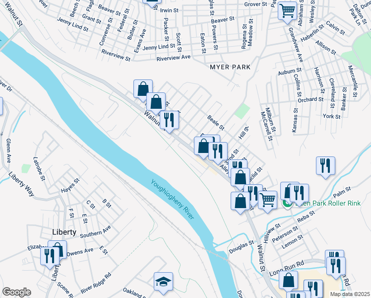 map of restaurants, bars, coffee shops, grocery stores, and more near 2800 Walnut Street in McKeesport