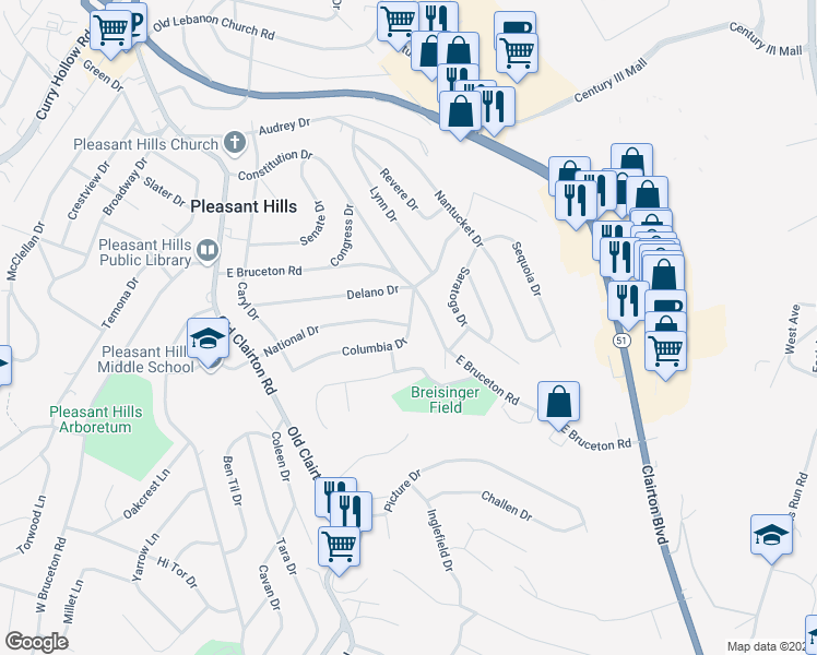 map of restaurants, bars, coffee shops, grocery stores, and more near 248 National Drive in Pittsburgh
