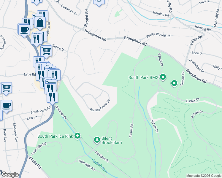 map of restaurants, bars, coffee shops, grocery stores, and more near 680 Rolling Green Drive in Bethel Park