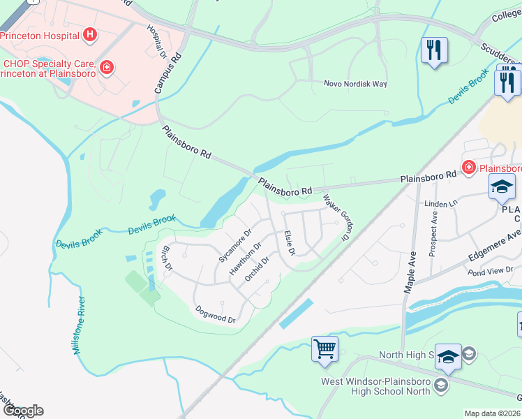 map of restaurants, bars, coffee shops, grocery stores, and more near 3 Heron Court in Plainsboro Township