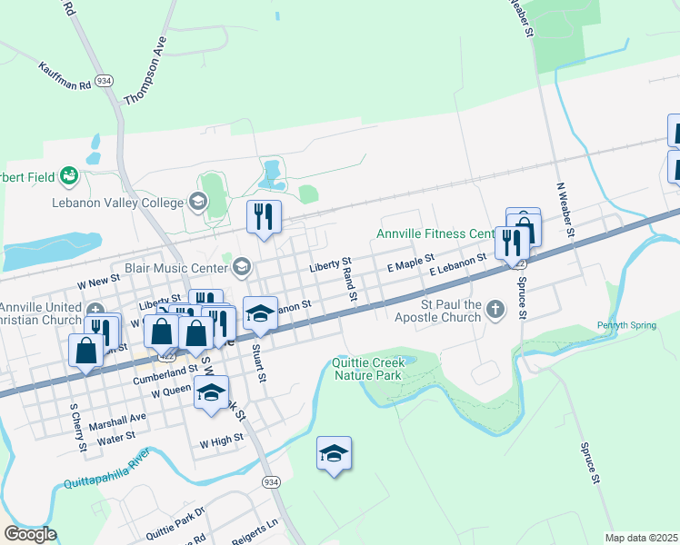 map of restaurants, bars, coffee shops, grocery stores, and more near 445 East Maple Street in Annville