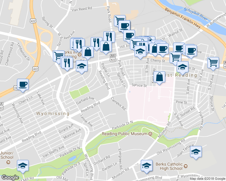 map of restaurants, bars, coffee shops, grocery stores, and more near 305 Reading Boulevard in Wyomissing
