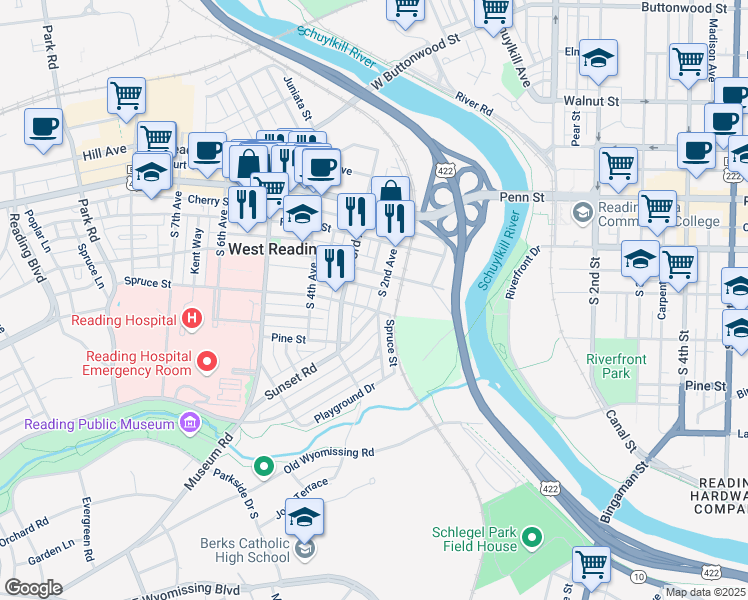 map of restaurants, bars, coffee shops, grocery stores, and more near 213 Spruce Street in West Reading