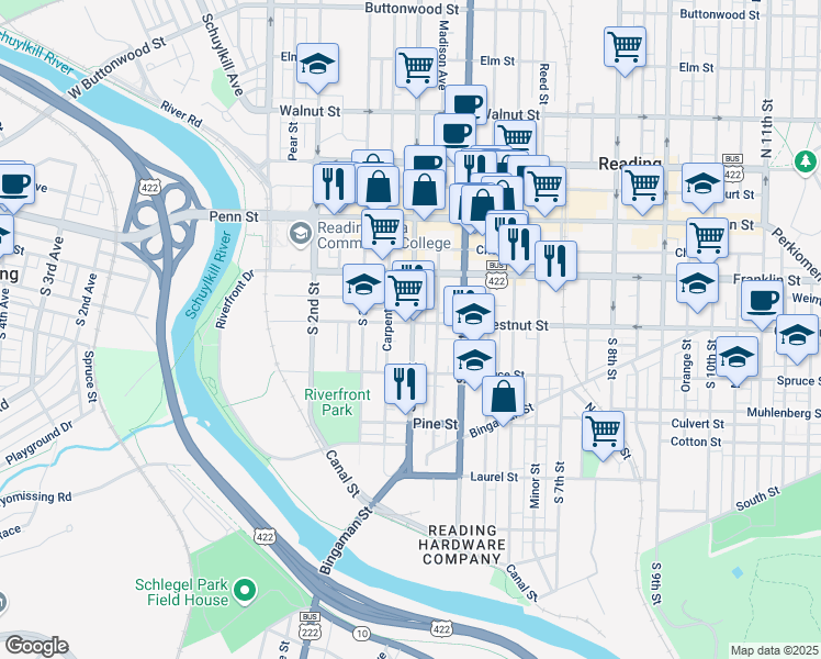 map of restaurants, bars, coffee shops, grocery stores, and more near 222 South 4th Street in Reading