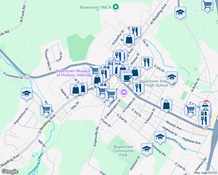 map of restaurants, bars, coffee shops, grocery stores, and more near 19 East 3rd Street in Boyertown