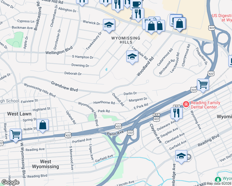 map of restaurants, bars, coffee shops, grocery stores, and more near 31 Overhill Road in Reading