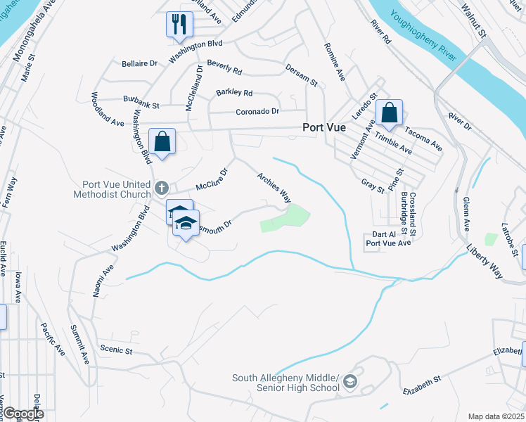 map of restaurants, bars, coffee shops, grocery stores, and more near 1168 Portsmouth Drive in McKeesport