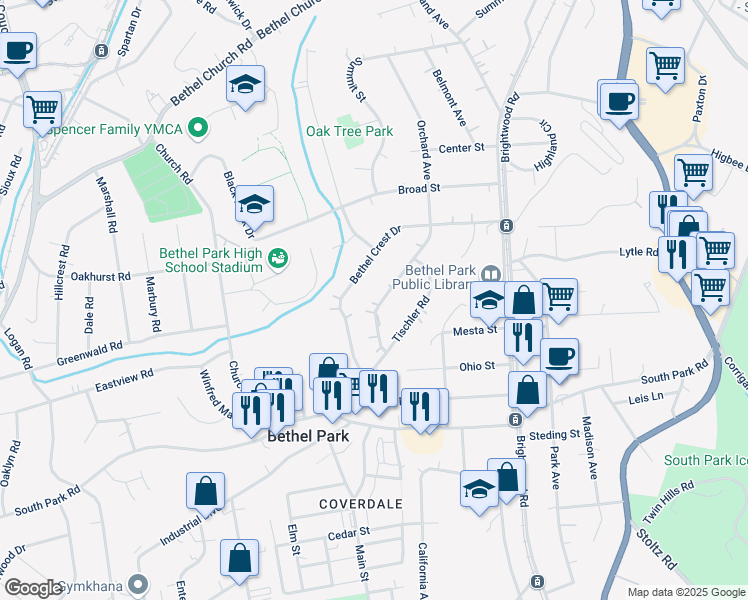 map of restaurants, bars, coffee shops, grocery stores, and more near 5160 Orchard Avenue in Bethel Park
