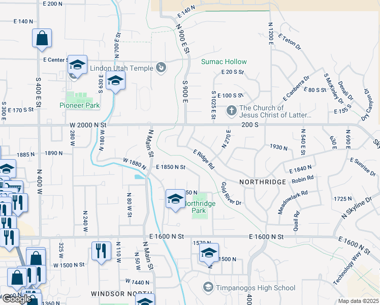 map of restaurants, bars, coffee shops, grocery stores, and more near 182 Ridge Road in Orem