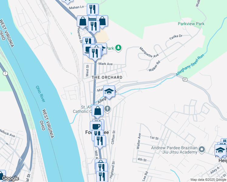 map of restaurants, bars, coffee shops, grocery stores, and more near 641 Allegheny Street in Follansbee