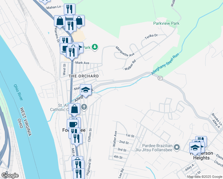 map of restaurants, bars, coffee shops, grocery stores, and more near 1129 Neville Street in Follansbee