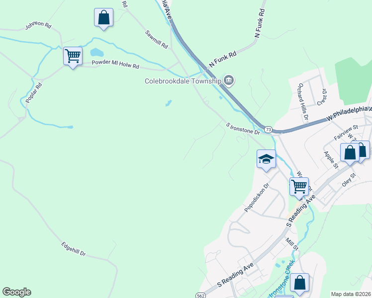 map of restaurants, bars, coffee shops, grocery stores, and more near 116 Pheasant Run Road in Boyertown