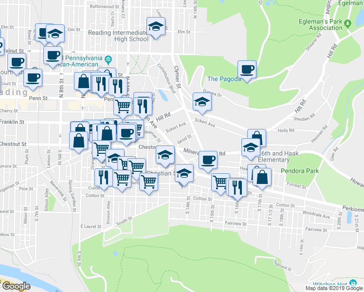 map of restaurants, bars, coffee shops, grocery stores, and more near 1319 Mineral Spring Road in Reading
