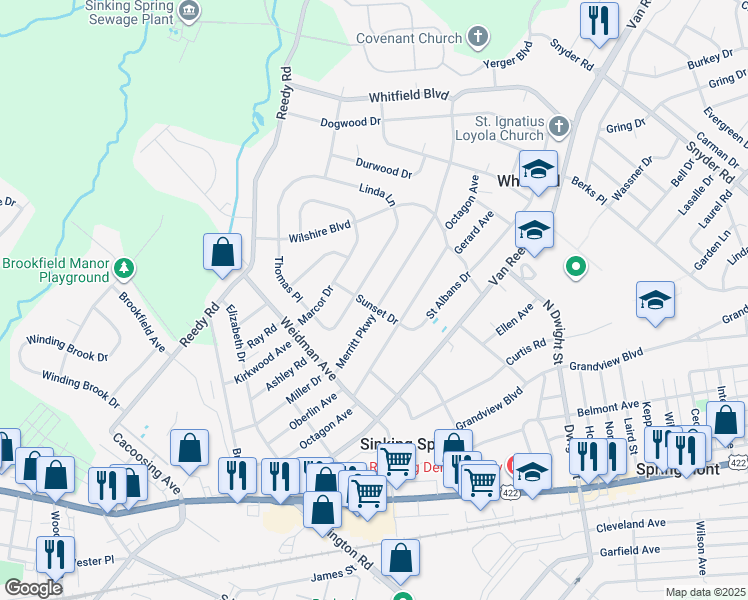 map of restaurants, bars, coffee shops, grocery stores, and more near 3057 Merritt Pkwy in Sinking Spring