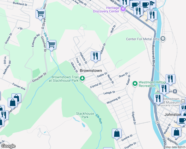 map of restaurants, bars, coffee shops, grocery stores, and more near 211 Habicht Street in Johnstown