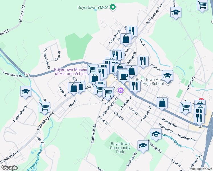 map of restaurants, bars, coffee shops, grocery stores, and more near 19 East 3rd Street in Boyertown