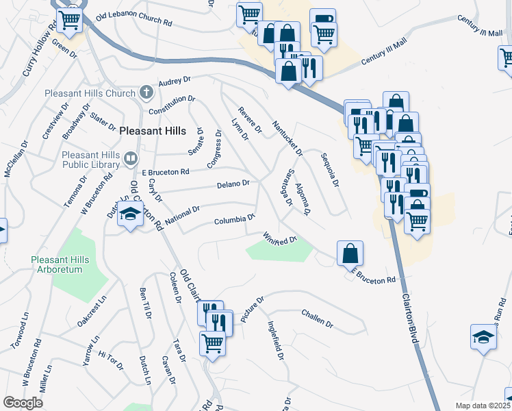 map of restaurants, bars, coffee shops, grocery stores, and more near 404 National Drive in Pleasant Hills