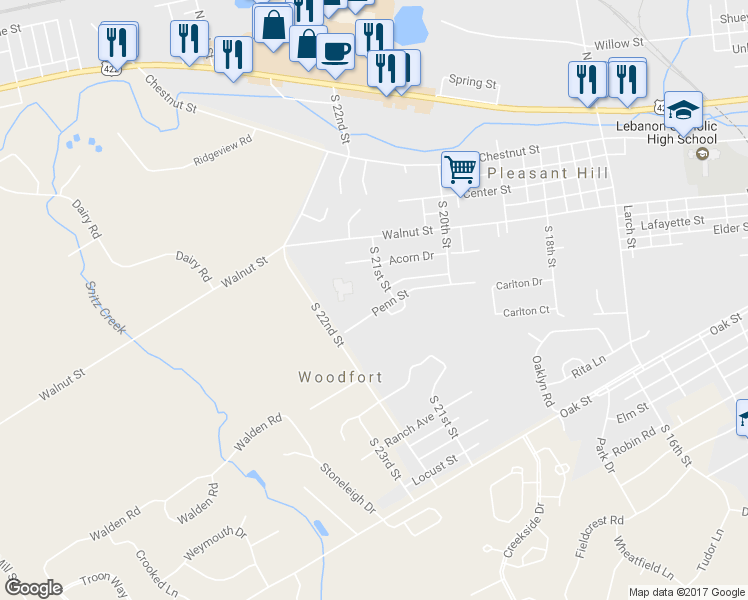 map of restaurants, bars, coffee shops, grocery stores, and more near 2129 Penn St in Lebanon