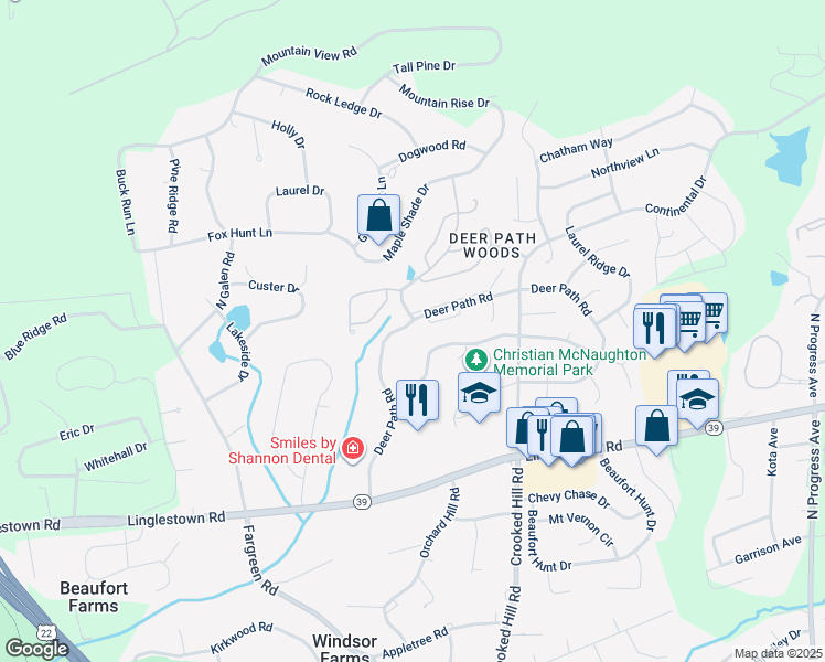 map of restaurants, bars, coffee shops, grocery stores, and more near 4647 Deer Path Road in Harrisburg