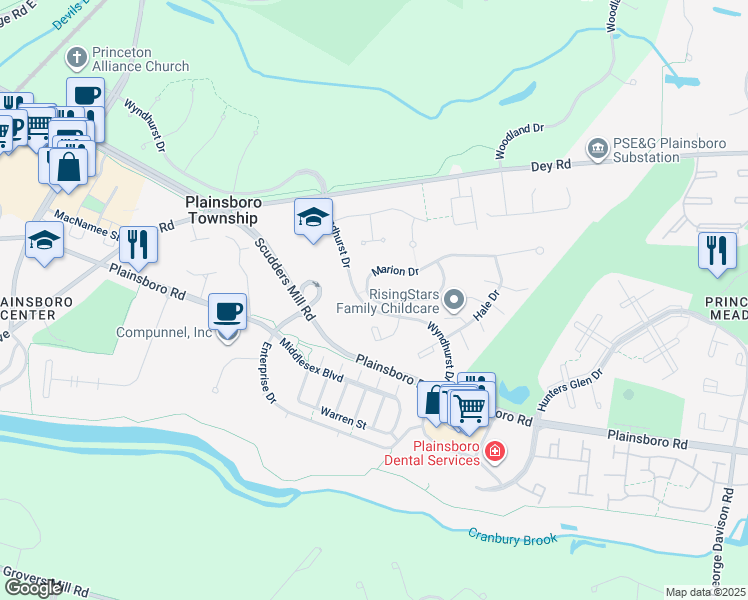 map of restaurants, bars, coffee shops, grocery stores, and more near 46 Marion Drive in Princeton Meadows