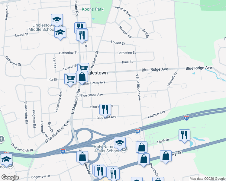 map of restaurants, bars, coffee shops, grocery stores, and more near 6128 Blue Stone Avenue in Harrisburg