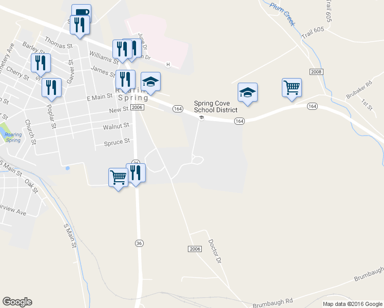 map of restaurants, bars, coffee shops, grocery stores, and more near Spring Garden Circle in Roaring Spring