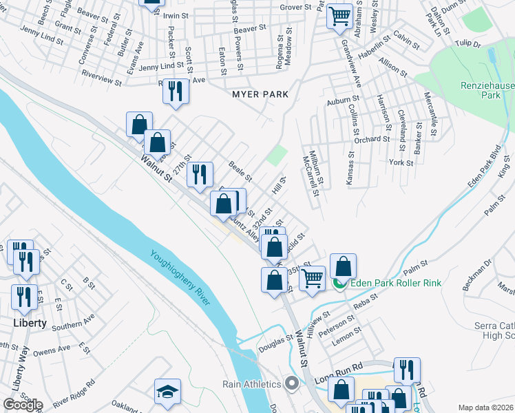 map of restaurants, bars, coffee shops, grocery stores, and more near 414 31st Street in McKeesport
