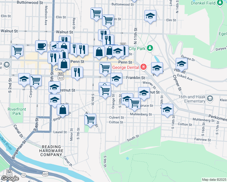 map of restaurants, bars, coffee shops, grocery stores, and more near 931 Chestnut Street in Reading
