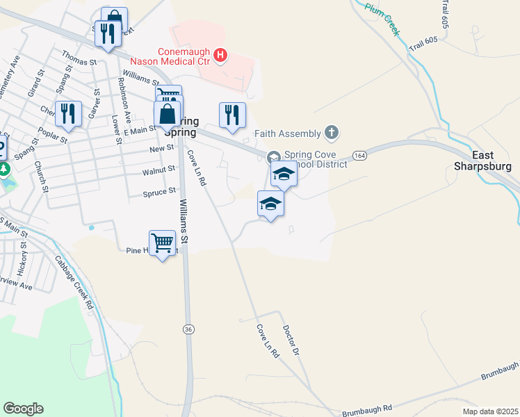 map of restaurants, bars, coffee shops, grocery stores, and more near Spring Garden Circle in Roaring Spring