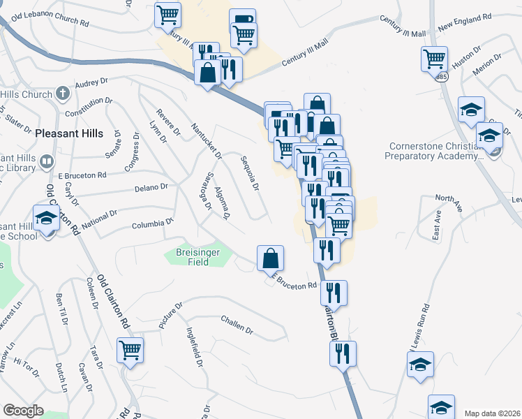 map of restaurants, bars, coffee shops, grocery stores, and more near 502 Sequoia Drive in Pittsburgh