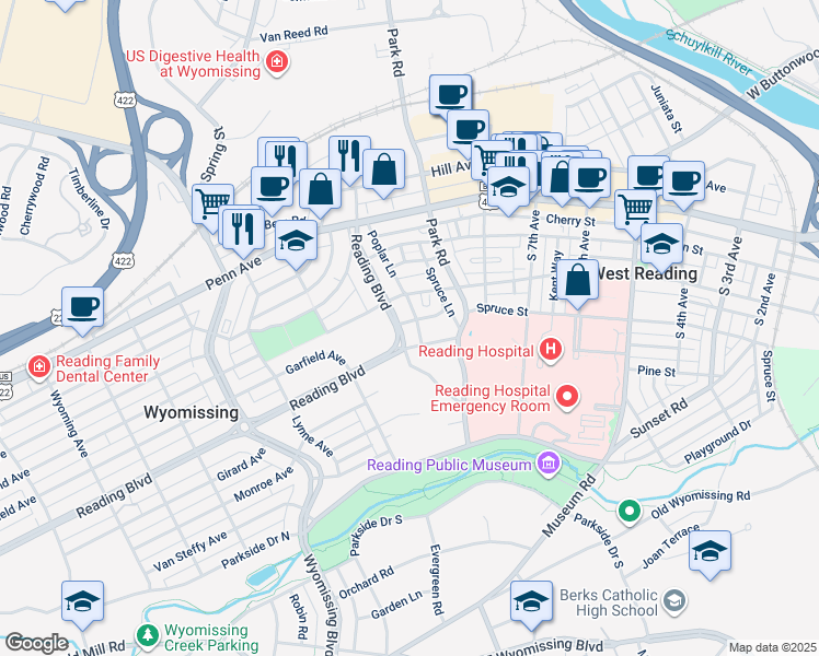map of restaurants, bars, coffee shops, grocery stores, and more near 305 Reading Boulevard in Wyomissing