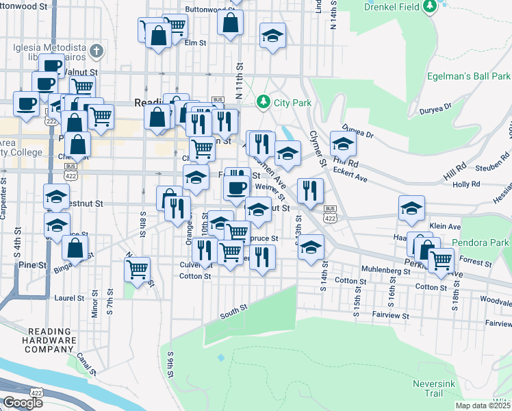 map of restaurants, bars, coffee shops, grocery stores, and more near 1137 Chestnut Street in Reading