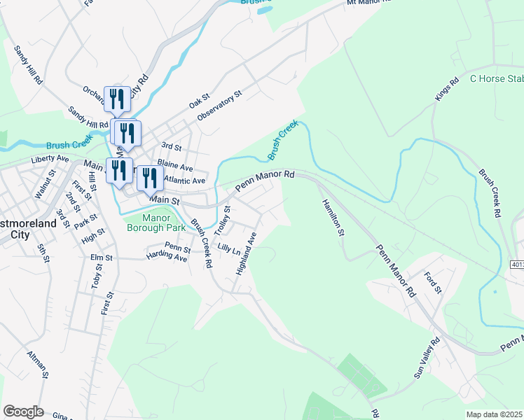 map of restaurants, bars, coffee shops, grocery stores, and more near 5531 Highland Avenue in Manor