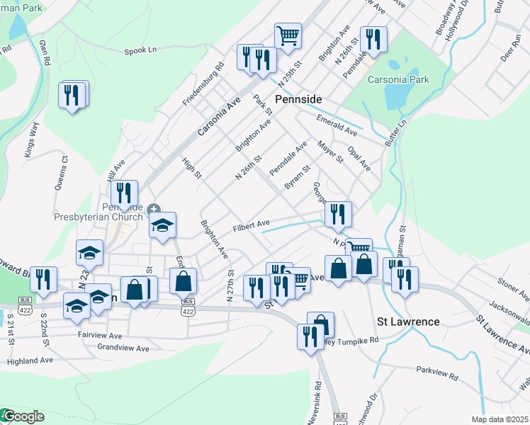 map of restaurants, bars, coffee shops, grocery stores, and more near 504 Byram Street in Reading