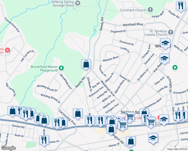 map of restaurants, bars, coffee shops, grocery stores, and more near 323 Elizabeth Drive in Sinking Spring