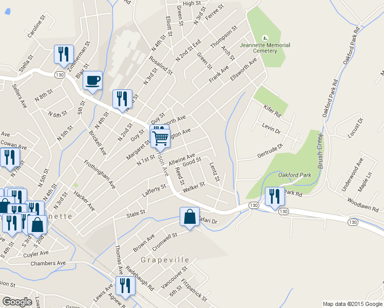 map of restaurants, bars, coffee shops, grocery stores, and more near 801 Allwine Avenue in Jeannette