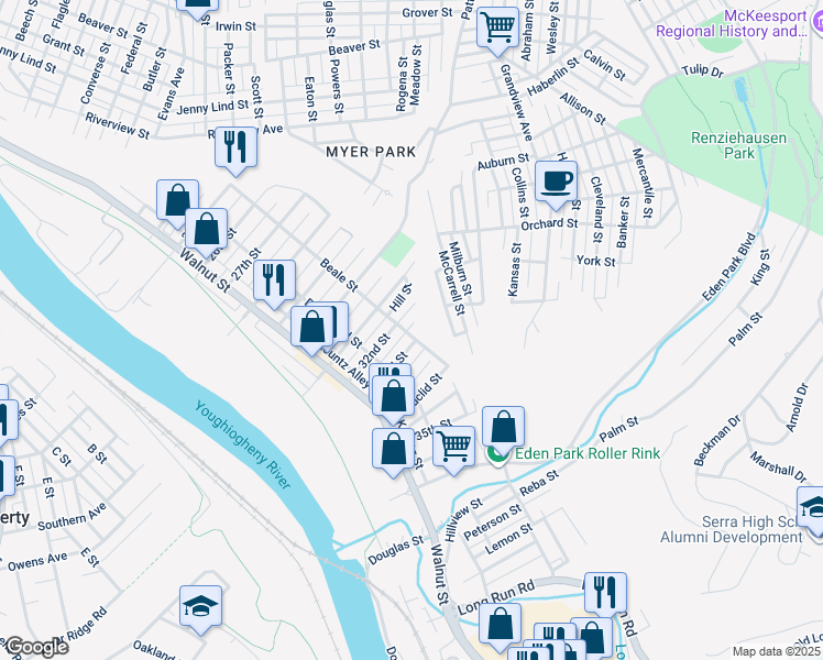 map of restaurants, bars, coffee shops, grocery stores, and more near 3211 Beale St in McKeesport