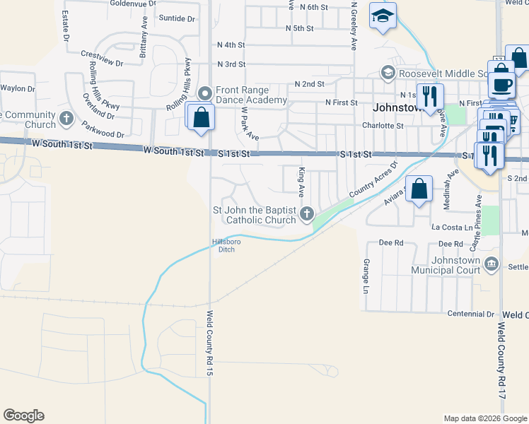 map of restaurants, bars, coffee shops, grocery stores, and more near 1110 Country Acres Drive in Johnstown