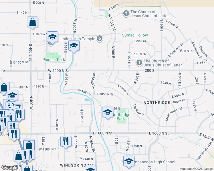 map of restaurants, bars, coffee shops, grocery stores, and more near 102 Ridge Road in Orem