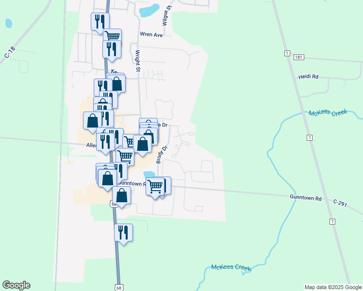 map of restaurants, bars, coffee shops, grocery stores, and more near Rebecca Drive in Bellefontaine