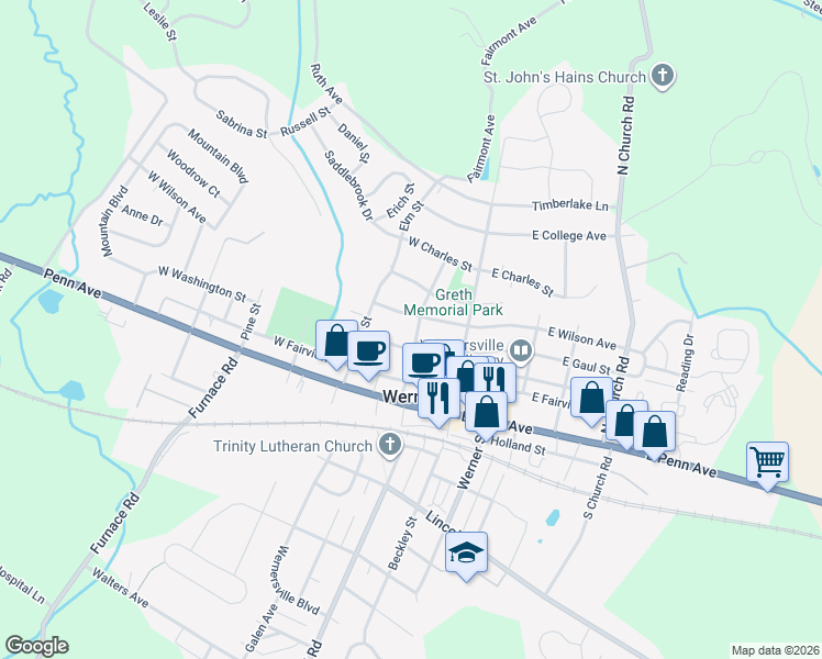 map of restaurants, bars, coffee shops, grocery stores, and more near 220 North Walnut Street in Wernersville