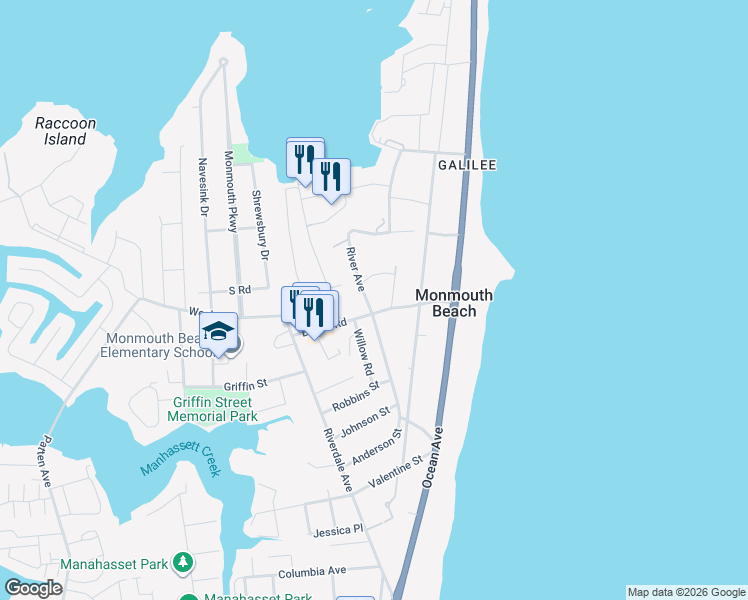 map of restaurants, bars, coffee shops, grocery stores, and more near 27 River Ave in Monmouth Beach