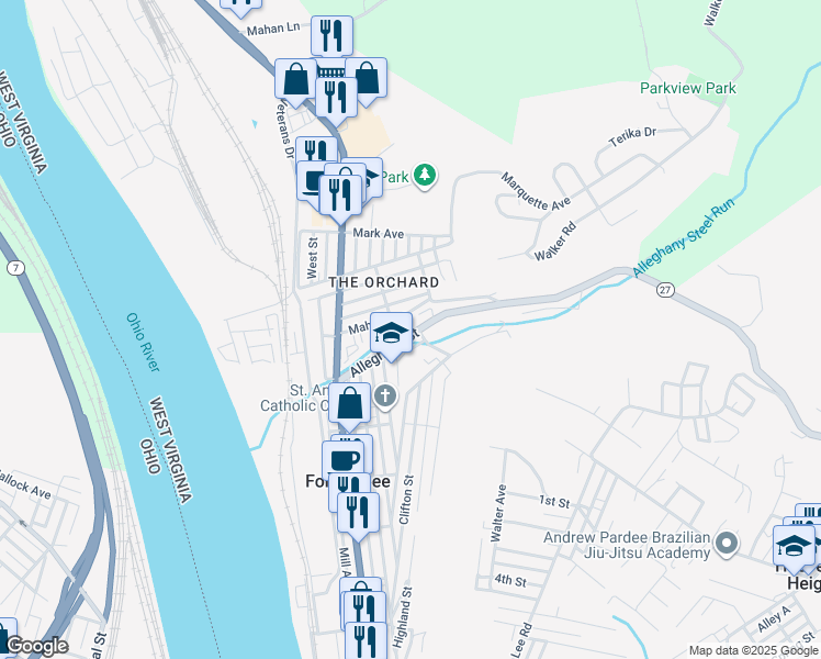 map of restaurants, bars, coffee shops, grocery stores, and more near 641 Allegheny St in Follansbee