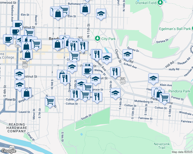 map of restaurants, bars, coffee shops, grocery stores, and more near 1149 Chestnut Street in Reading