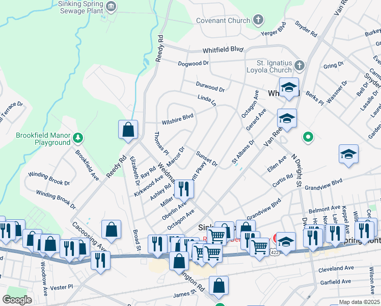 map of restaurants, bars, coffee shops, grocery stores, and more near 3101 Linda Lane in Reading