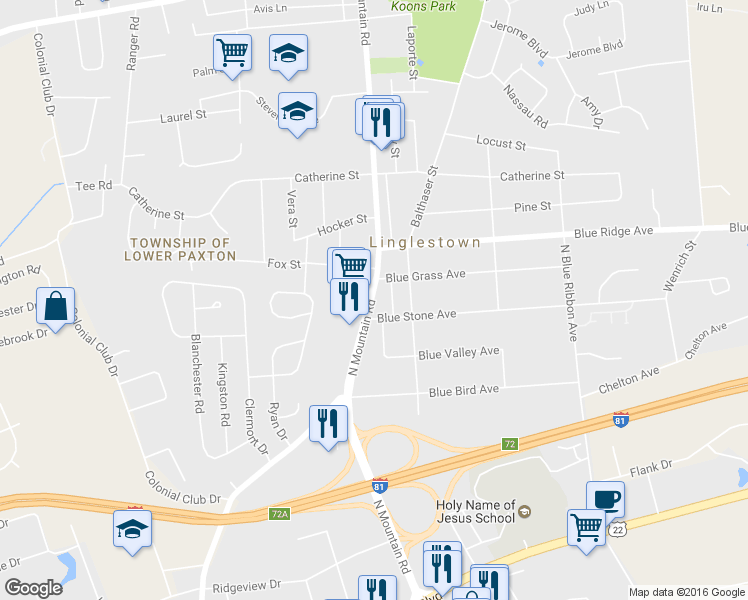 map of restaurants, bars, coffee shops, grocery stores, and more near 621 N Mountain Rd in Harrisburg