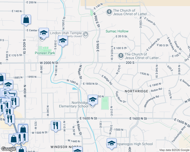 map of restaurants, bars, coffee shops, grocery stores, and more near 102 Ridge Road in Orem