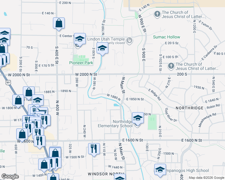 map of restaurants, bars, coffee shops, grocery stores, and more near 1909 North 50 East in Orem